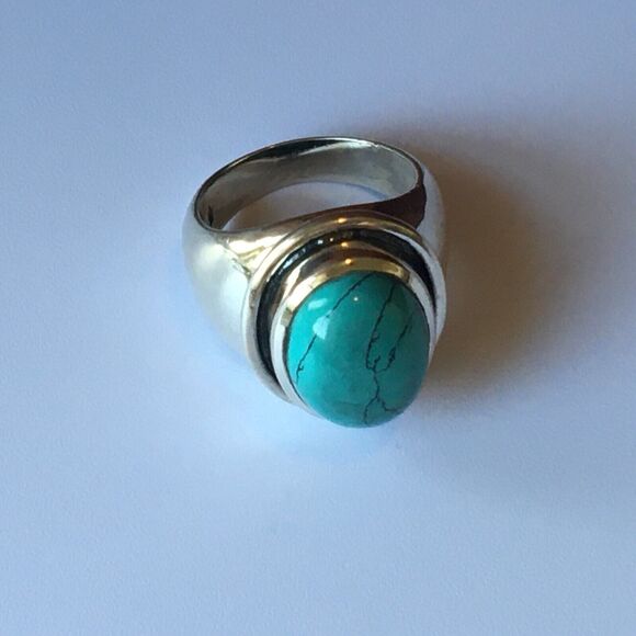 Sterling Silver Ring Size 7.75 11g 925 Turquoise Color Howlite Cabochon Chunky - Picture 7 of 13